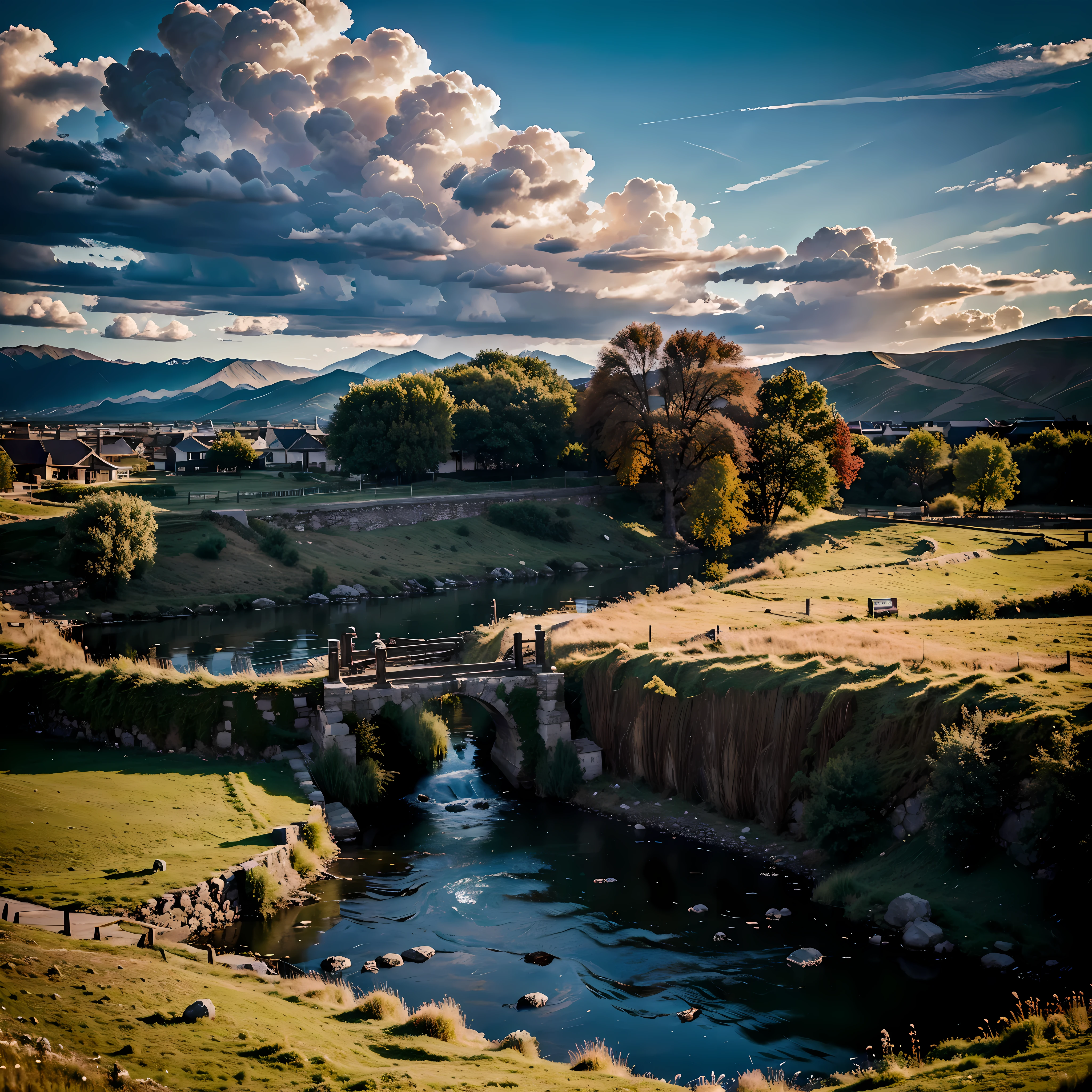 high-definition，highest quality，masterpiece，Movie quality，Cinematic light and shadow，Camera perspective，Camera angle，Green steppe，river，Small township，Windy，Grass blown down by the wind，stone bridge，小stone bridge，creek，sheep，willow，Flying in the wind，Flying in the wind的willow，beautiful sky，Red and black atmosphere，Red and black clouds，clouds，The covered sun