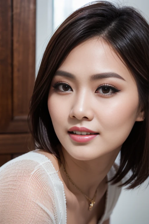 RAW Photos:1.2),hightquality,Beautiful meticulous girl,above from,extremely detailed eye and face,beatiful detailed eyes,hugefilesize,hight resolution,8k wallpaper,Up to detail,Light on the Face,cinmatic lighting,sexy pose,(photo realisti:1.4),illustratio,Ultra-realistic realism,super detailing, tmasterpiece, fishnets pantyhose, short detailed hair,Bigchest, 26 yo sexy mature malay indoasia woman