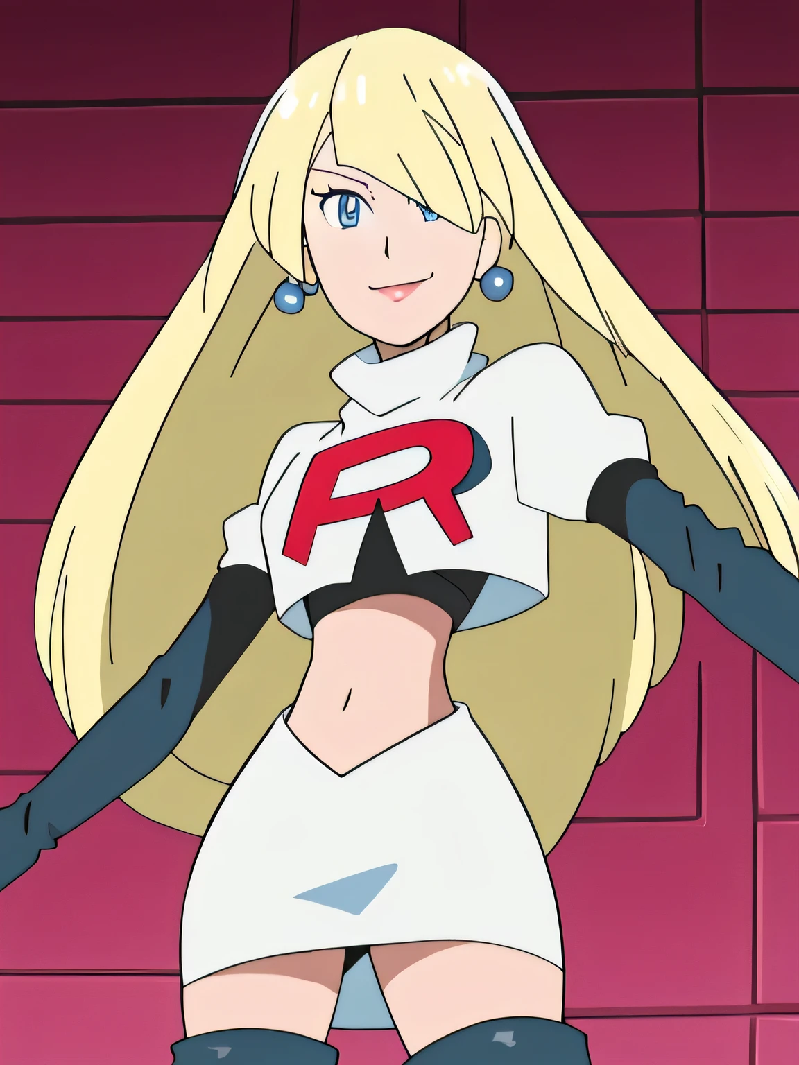 cynthia (pokemon), 1girl, solo ,blonde hair, blue eyes ,hair covering one eye, hair ornament ,glossy lips, earings ,team rocket uniform, red letter R, white skirt,white crop top,black thigh-high boots, black elbow gloves, closed mouth, evil smile, 