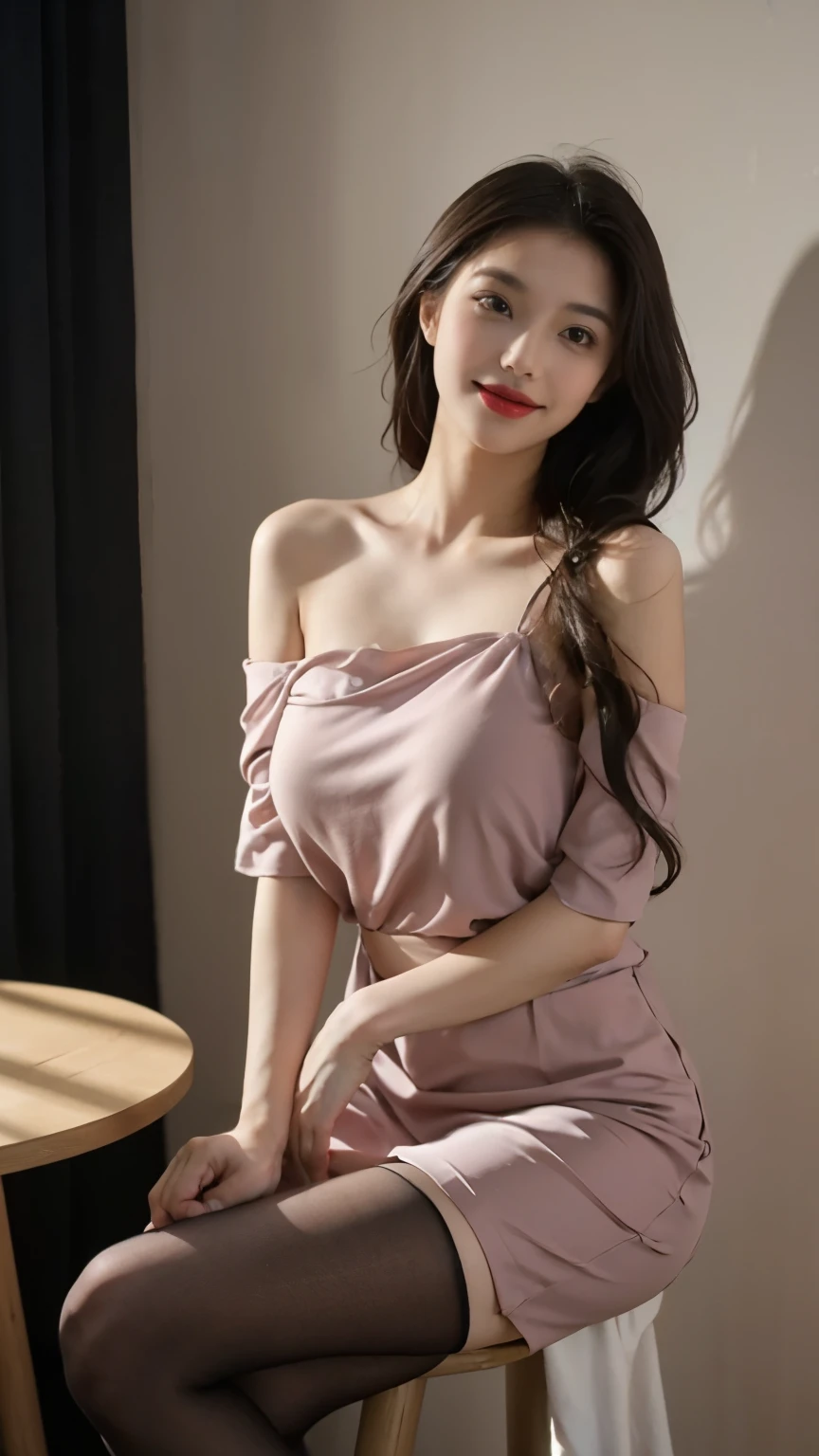 A perfect young female white-collar worker,Chinese big breasts,High picture quality,Works of masters,Black hair,Long hair shawl,Long hair flowing over the shoulders,Beach wave hairstyle,cropped shoulders,clavicle,exquisite face,Hydrated red lips,((Wear colorful and stylish summer sailor suits))(red colour,blue colors,green color,Violet-orange,In pink,amarelo,Printed clothing),Kurfo,,Colorful pleated skirt,Shadow lace skirt,Sparkling gemstone dress,Lightning astral dress,lumnious,white stockings,Lace material,Silk clothing,Real Human,(White interior wall background:1.5),CG rendering,16k,sitting at the table,Holding a laptop in hand,smiles,Empty interior,Do not show your hands,Close-up shot