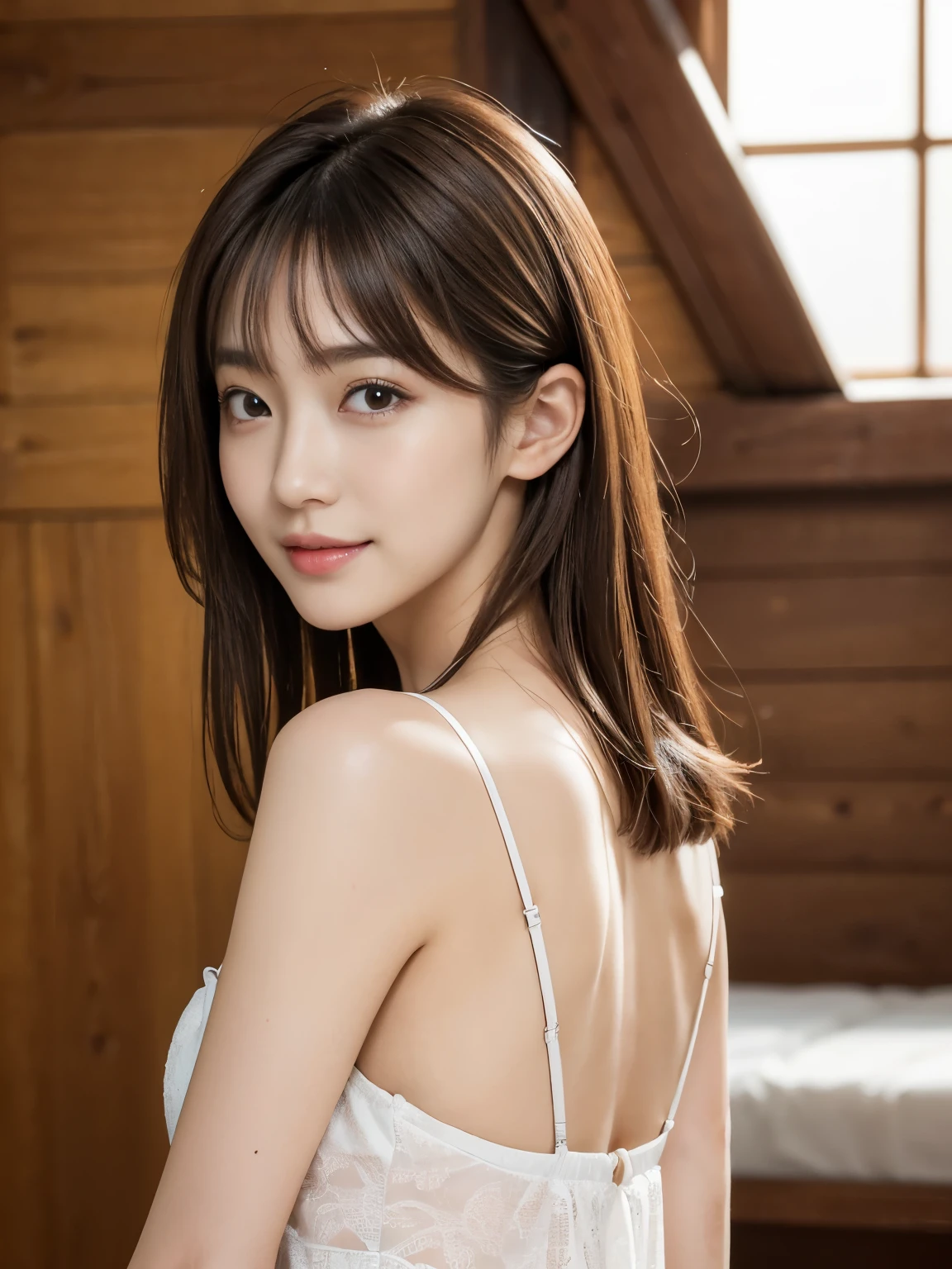 (​masterpiece:1.3), (8K, Photorealsitic, Raw photography, Top image quality: 1.4), 1 Japan High School Girl、hair messy, asymmetrical bangs, light brown hair、cleavage of the breast:1.2、Super Detail Face、Eye of Detail、double eyelid、Bring your chest together、sharp focus:1.2、prety woman:1.4、light brown hair、top-quality、​masterpiece、超A high resolution、(Photorealsitic:1.4)、Highly detailed and professional lighting smile、slender、Armpits, Sweat, girl、Nogizaka Idol、korean idol、hposing Gravure Idol、、25-years old、tall, Glamour、flank、(detailed background:1.25),cabin,beautiful view of sea, shot from behind