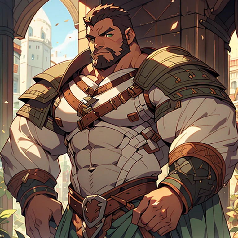 Large medieval kingdom in the background, old mature muscular male, black hair, very short hair, cropped military hairstyle, ((black beard))), ((thick beard)), (((full beard))), ((long beard)), green eyes, bright eyes, 48 years old, muscular male, tall, Piece, athlete, bare biceps, Abs, chest, medieval armor, light armor, red armor, Mystical armor, Golden details on the armor, black details on the armor, elsword style armor, ((arms exposed)), thick beard, Neutral face, cowboy shot, high resolution:1.2, best quality, master part, daylight, Reflection of lens, upper body shot