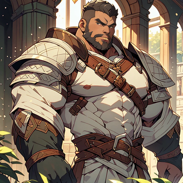 Large medieval kingdom in the background, old mature muscular male, black hair, very short hair, cropped military hairstyle, ((black beard))), ((thick beard)), (((full beard))), ((long beard)), green eyes, bright eyes, 48 years old, muscular male, tall, Piece, athlete, bare biceps, Abs, chest, medieval armor, light armor, red armor, Mystical armor, Golden details on the armor, black details on the armor, elsword style armor, ((arms exposed)), thick beard, Neutral face, cowboy shot, high resolution:1.2, best quality, master part, daylight, Reflection of lens, upper body shot