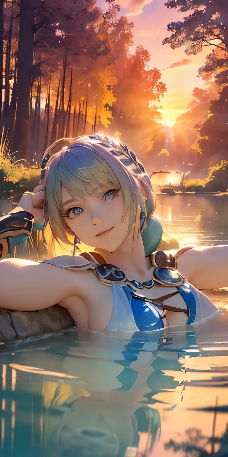 (masterpiece, best quality:1.3), Sophitia Alexandra, Soul Calibur, (upper body:1.5), anime, intricate detail, japanese style, 28 years old, look at viewer, gold hair, braid hair, (there is a beautiful night with a lake and trees in the background, colorful skies, surreal colors, colorful moon and stars, colorful sky, marvellous reflection of the sky:1.2), (taking off her clothes and taking a bath in the lake:1.2),