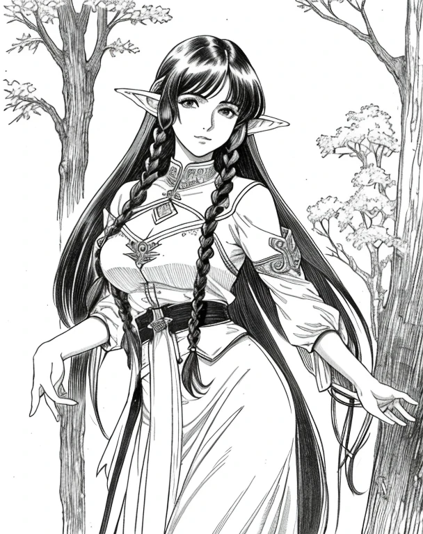 Lynn Minmay, 1 female elf, Sozinho, monochrome, braid, olhando para o espectador, vestir, cabelo longo, Traditional media, assinatura, franja,orelhas de elfo, inventar, own hands lift skirt,expor calcinha , cabelo branco, tronco, batom, furar cabelo, nome do artista, twin braids, arm chains,escrava elfa,,presa em uma cela escura