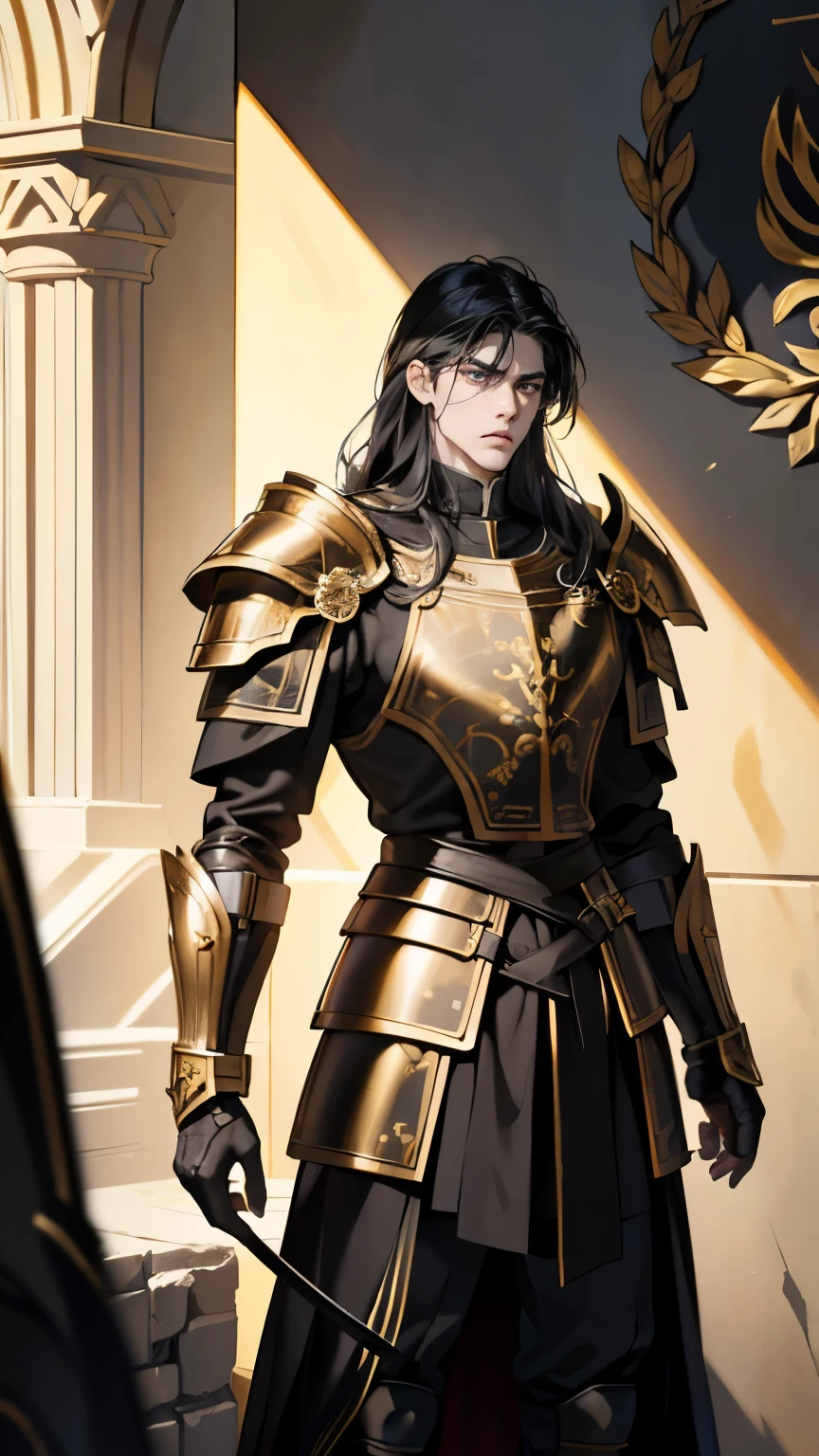 Young man, Eyes looking to camera, Perfect male body, epic character, (handsome, Tall and strong, elegant,long half black half gold hair,Frown, black and gold heavy armor,stand in medieval town),dramatic shadow, Ray Tracing,(masterpiece, high resolution, perfect black eyes, fullshot angle, ultra - detailed:1.0)