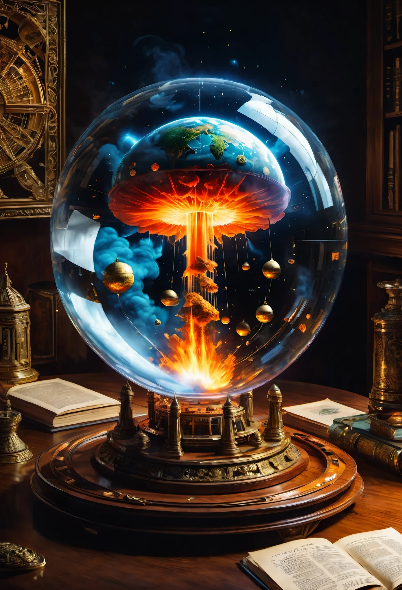 nuclear explosion inside a round transparent globe, on a table, fortune teller, war