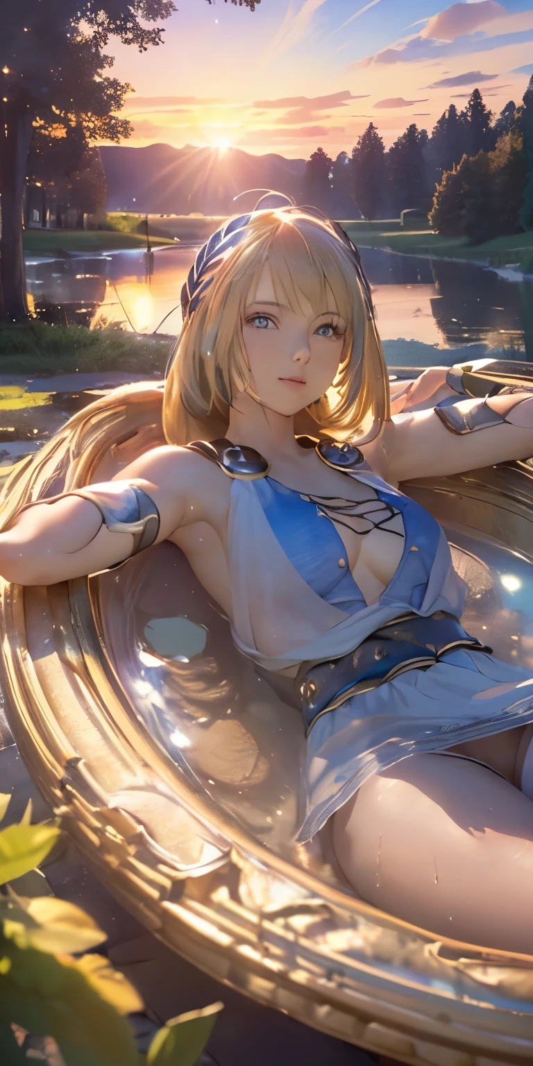 (masterpiece, best quality:1.3), Sophitia Alexandra, Soul Calibur, (upper body:1.5), anime, 28 years old, look at viewer, gold hair, braid hair, (there is a beautiful sunset with a lake and trees in the background, colorful skies, surreal colors, colorful sunset, colorful sky, marvellous reflection of the sky:1.2), (she is bathing:1.5),