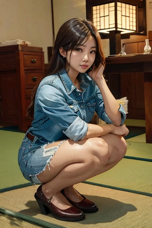 best quality , matured woman face , squatting , blouse , short denim , japanese ,