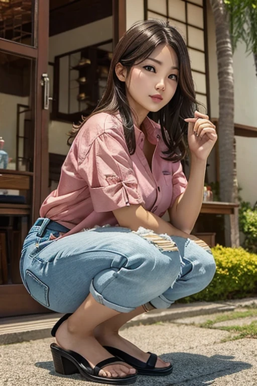 best quality , matured woman face , squatting , blouse , short denim , japanese ,