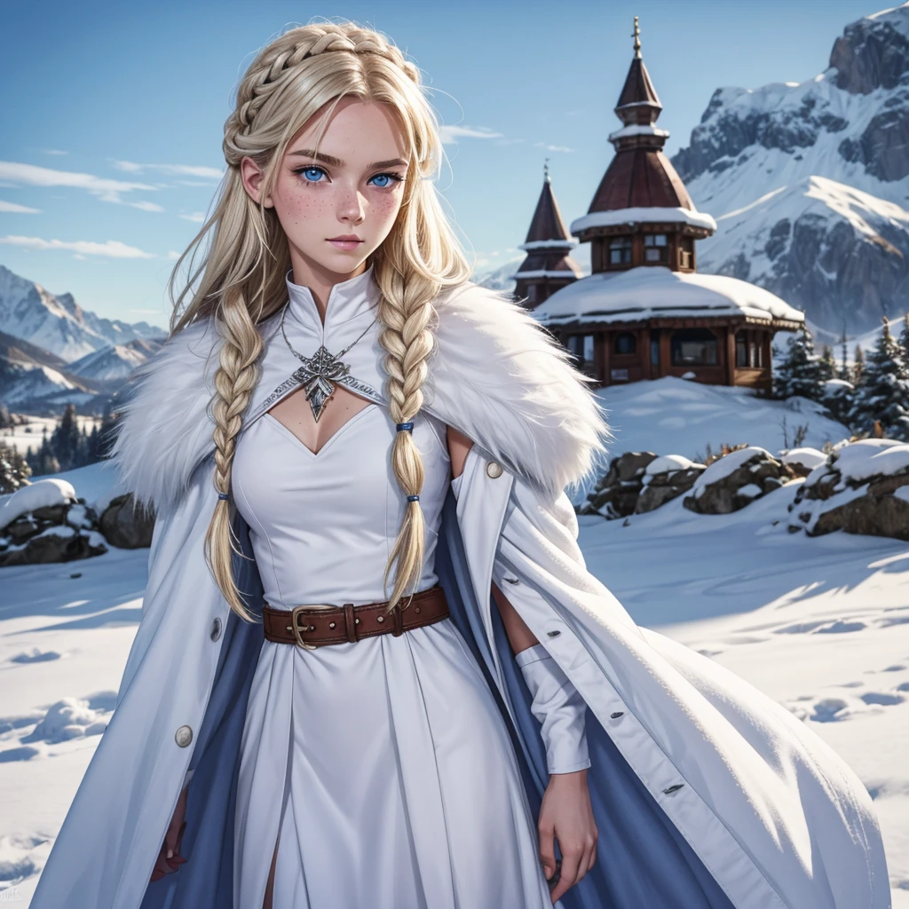 21-year-old-girl, good person, long Dutch braids, white hair, blonde highlights, almost white icy blue eyes, pale skin, slight pink blush, freckles, fur coat, fully dressed, pretty, ice-pick weapon, kind, serious, skeptical, lives in the mountains, lives in a snow Kingdom, medieval, snow manipulation