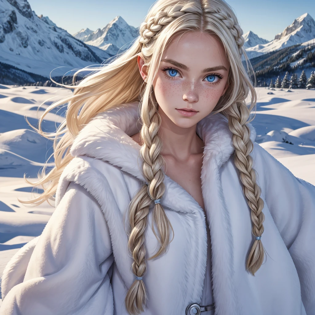 21-year-old-girl, good person, long Dutch braids, white hair, blonde highlights, almost white icy blue eyes, pale skin, slight pink blush, freckles, fur coat, fully dressed, pretty, ice-pick weapon, kind, serious, skeptical, lives in the mountains, lives in a snow Kingdom, medieval, snow manipulation