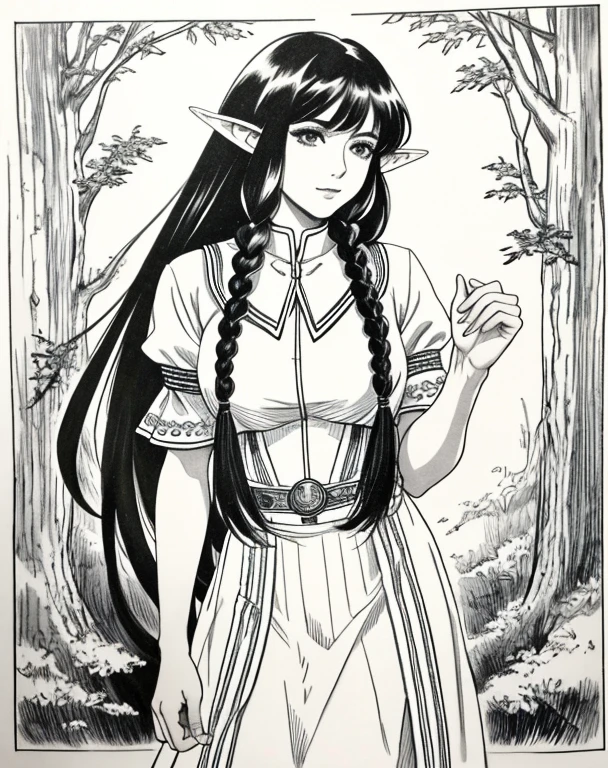 Lynn Minmay, 1 female elf, Sozinho, monochrome, braid, olhando para o espectador, vestir, cabelo longo, Traditional media, assinatura, franja,orelhas de elfo, inventar, own hands lift skirt,expor calcinha , cabelo branco, tronco, batom, furar cabelo, nome do artista, twin braids, arm chains,escrava elfa,,presa em uma cela escura