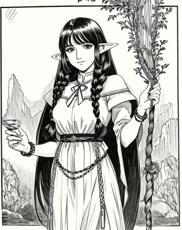 Lynn Minmay, 1 female elf, Sozinho, monochrome, braid, olhando para o espectador, vestir, cabelo longo, Traditional media, assinatura, franja,orelhas de elfo, inventar, own hands lift skirt,expor calcinha , cabelo branco, tronco, batom, furar cabelo, nome do artista, twin braids, arm chains,escrava elfa,,presa em uma cela escura