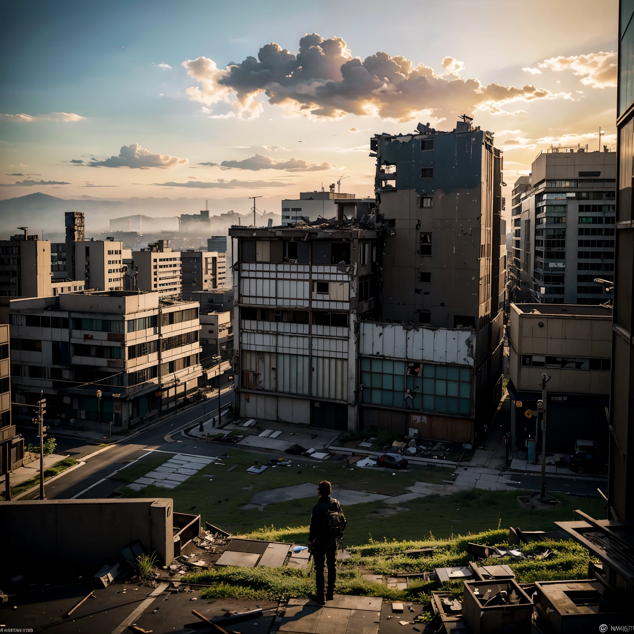 OVERHEAD VIEW, A JAPANESE SNIPER ON TOP OF A BUILDING, 30 YEARS OLD, OBSERVATION POSE, A SNIPER ON YOUR BACK, SUN RISE, LOOKING AT THE ULTRA DATAILED POST-APOCALYPSE RUINED AND DESTROYED TOKYO CITY, HOSTILE ENVIRONMENT, IMPACTFUL VISUAL DESTRUCTION, STYLE THE LAST OF US, outdoor PHOTO, CINEMATIC LIGHTS, FANTASY, HBO, UNREAL ENGINE 5, ray tracing, award winning photo, MASTERPIECE photograpy, trending on artstation, HIGHT RESOLUTION, HDR, UHD, 8K, BY NAUGHTY DOG