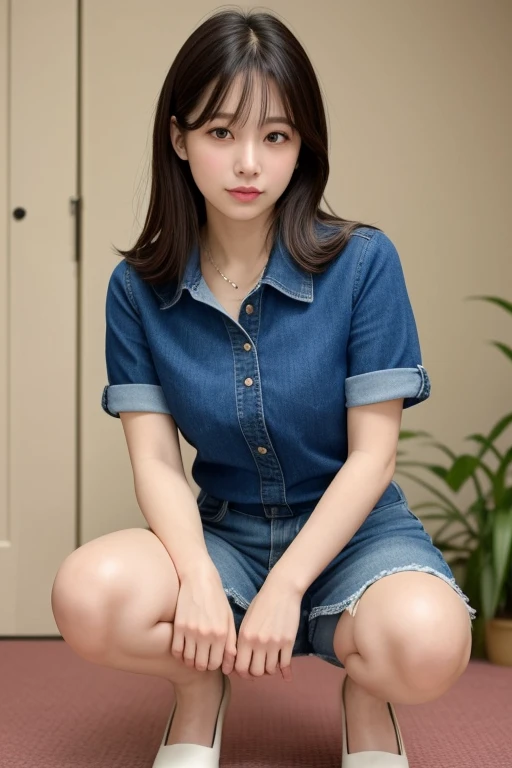 best quality , matured woman face , squatting , blouse , short denim , japanese ,