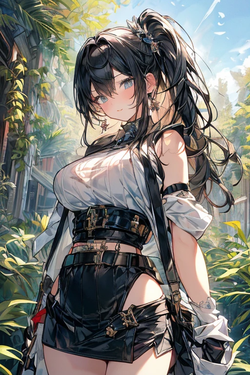 22 years old, (milf:0.8), (solo:1.5), (sfw:1.25), cute breast, beautiful breasts, medium tits,black suspenders,(Bulging ,big breasts:1.1),(Black miniskirt:1.3),garters,Gaze,Small face,bangss,holster,Belt Armament,Beautuful Women, thin waist, big ass:1.0, Raised sexy, (dark green mediumlong hair,side ponytail,hair between eyes,bangs, dark blue eyes, light smile, big , Revimpling fabric, earrings, Hand gloves, detailed face,(smoking:1.3),detailed and beautiful eyes,beautiful detailed lips,Rolling her eyes,manner,(ultra high resolution, 8K RAW photo, photo realistics, thin outline:1.3, clear focus), best qualtiy, natural lighting, textile shading, field depth (Bright pupils, fine detailed beautiful eyes with highlight:1.3, high detailed face), Red lip, fine realistic skins:1.1, looking down viewers:1.3, (dynamic angle:1.3, front view:1.1, breast focus:1.3, from below:1.2), (dynamic posing:1.5, sexy posing:1.2, leaning forward),Youghal, side lock, hair ornaments, hair band,nice,garden background,artistic rendering,Super detailed,(highest quality,4k,8K,High resolution,masterpiece:1.2),Bright colors,studio lighting ,in usa military base,