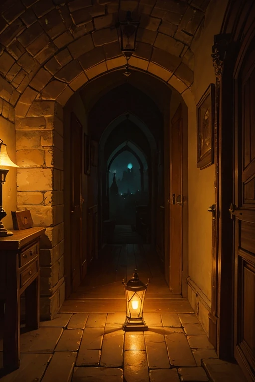 secret passage in the castle, lit by an oil lamp, dimly lit