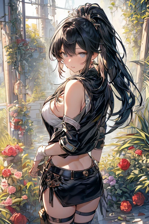 22 years old, (milf:0.8), (solo:1.5), (sfw:1.25), cute breast, beautiful breasts, medium tits,black suspenders,(Bulging ,big breasts:1.1),(Black miniskirt:1.3),garters,Gaze,Small face,bangss,holster,Belt Armament,Beautuful Women, thin waist, big ass:1.0, Raised sexy, (dark green mediumlong hair,side ponytail,hair between eyes,bangs, dark blue eyes, light smile, big , Revimpling fabric, earrings, Hand gloves, detailed face,(smoking:1.3),detailed and beautiful eyes,beautiful detailed lips,Rolling her eyes,manner,(ultra high resolution, 8K RAW photo, photo realistics, thin outline:1.3, clear focus), best qualtiy, natural lighting, textile shading, field depth (Bright pupils, fine detailed beautiful eyes with highlight:1.3, high detailed face), Red lip, fine realistic skins:1.1, looking down viewers:1.3, (dynamic angle:1.3, front view:1.1, breast focus:1.3, from below:1.2), (dynamic posing:1.5, sexy posing:1.2, leaning forward),Youghal, side lock, hair ornaments, hair band,nice,garden background,artistic rendering,Super detailed,(highest quality,4k,8K,High resolution,masterpiece:1.2),Bright colors,studio lighting ,in usa military base,
