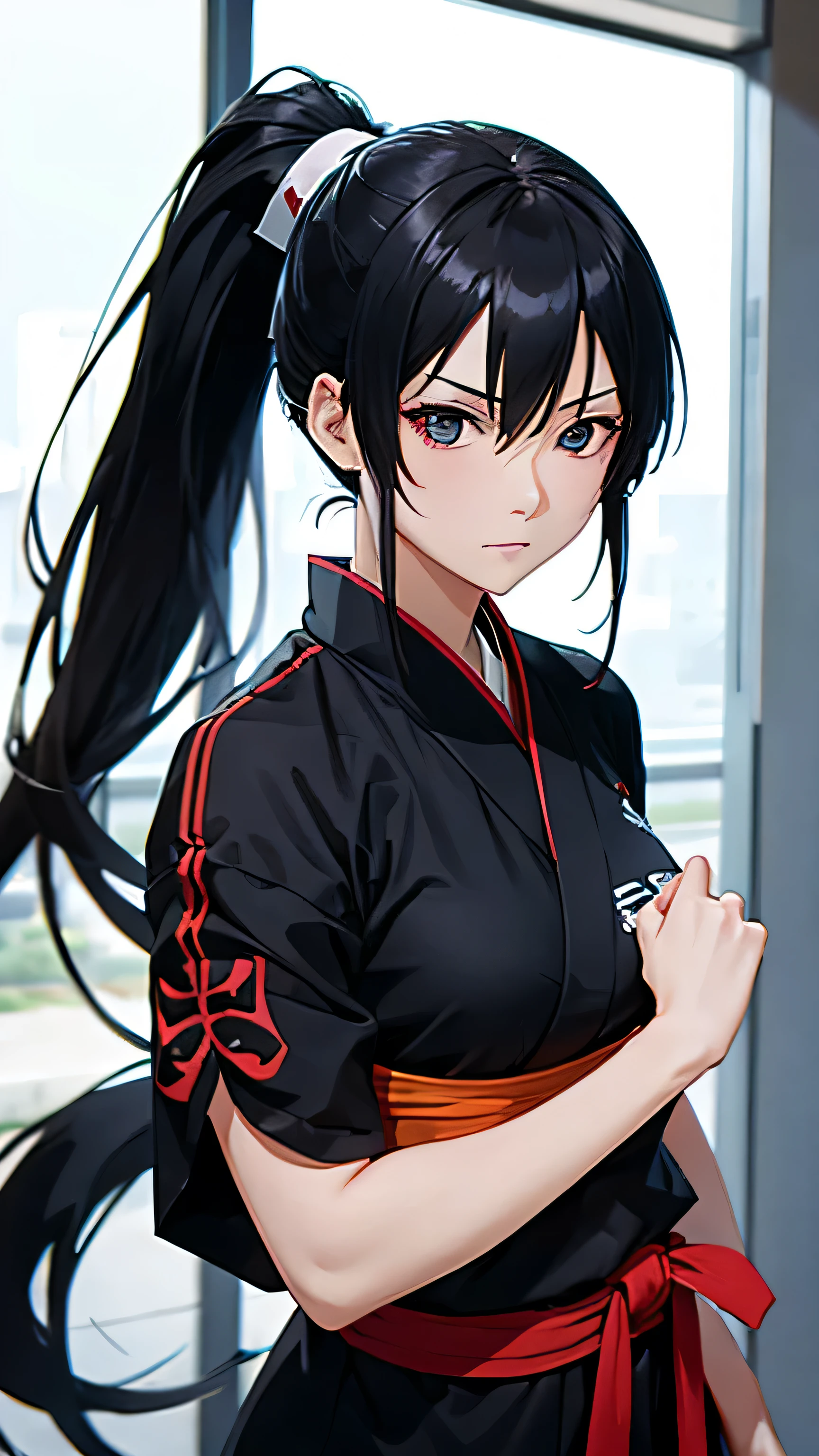 Describe the strongest female ninja。Her name is Tsuruhime。A proud, strong and noble woman。He is glaring at me.。Naked and defeated。black hair。ponytail。white clothes