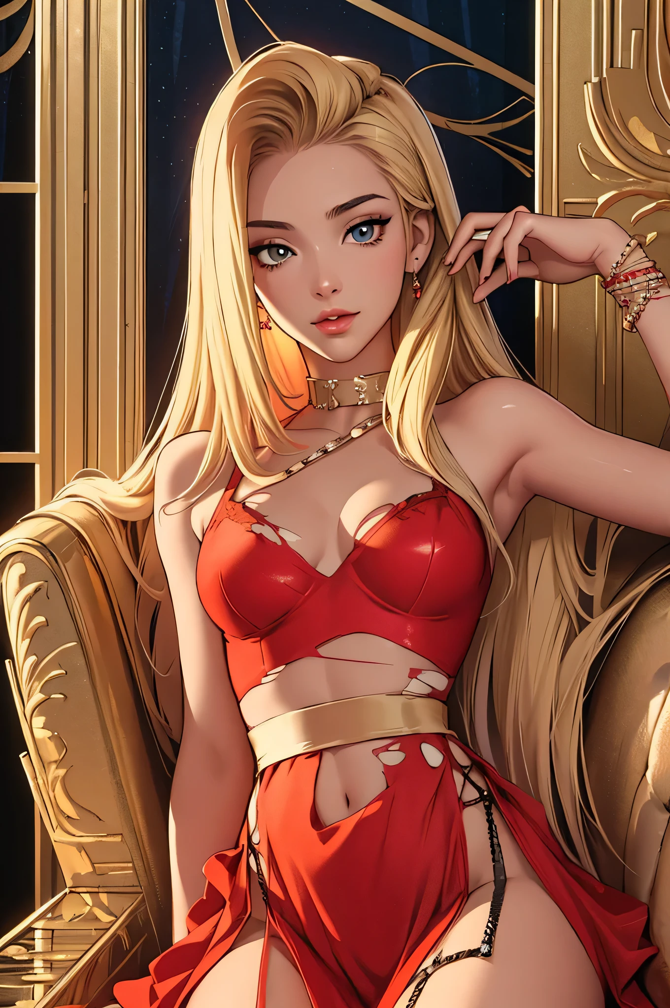 (masterpiece, top quality, best quality, official art, beautiful and aesthetic:1.2), young (1girl:1.3), (wearing torn red dress:1.3), (blonde:1.3) hair, long hair, (colorful eyes:1.3), extremely detailed, colorful, (highly detailed CG illustration), (looking at viewer), cinematic light, solo, half body, (character focus), ),Cath, extravagant makeup, full lips, sexy pose, clothes ASIDE , used condoms, partially naked, shiny skin, red lingerie