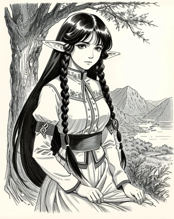 Lynn Minmay, 1 female elf, Sozinho, monochrome, braid, olhando para o espectador, vestir, cabelo longo, Traditional media, assinatura, franja,orelhas de elfo, inventar, own hands lift skirt,expor calcinha , cabelo branco, tronco, batom, furar cabelo, nome do artista, twin braids, arm chains,escrava elfa,,presa em uma cela escura