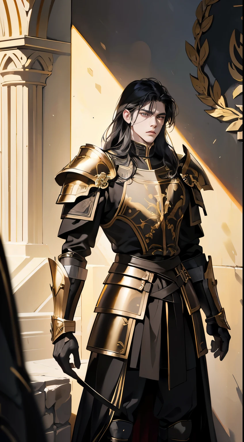 Young man, Perfect male body, epic character, (handsome, Tall and strong, elegant,long half black half gold hair,Frown, black and gold heavy armor,stand in medieval town),dramatic shadow, Ray Tracing,(masterpiece, high resolution, perfect black eyes, fullshot angle, ultra - detailed:1.0)