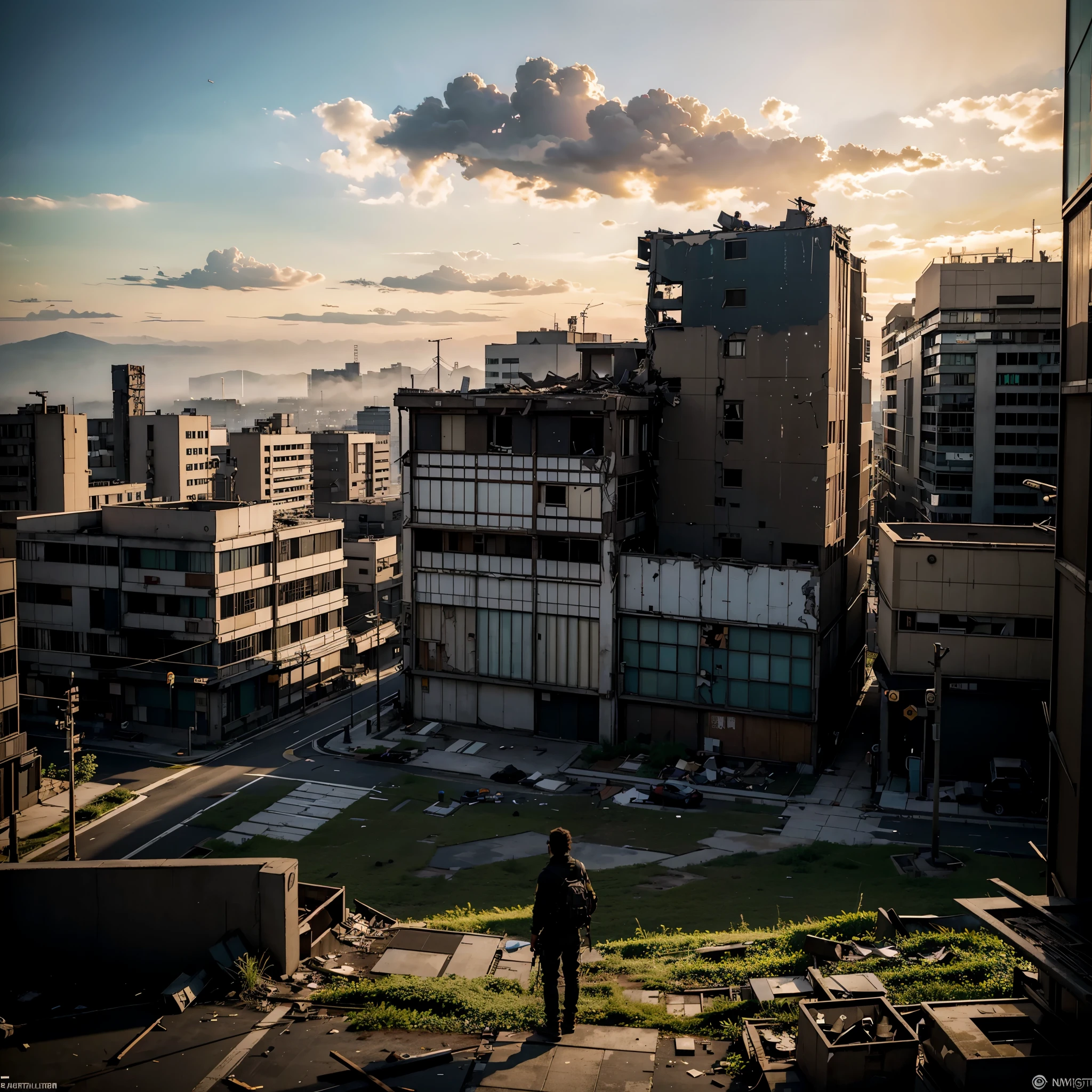 OVERHEAD VIEW, A JAPANESE SNIPER ON TOP OF A BUILDING, 30 YEARS OLD, OBSERVATION POSE, A SNIPER ON YOUR BACK, SUN RISE, LOOKING AT THE ULTRA DATAILED POST-APOCALYPSE RUINED AND DESTROYED TOKYO CITY, HOSTILE ENVIRONMENT, IMPACTFUL VISUAL DESTRUCTION, STYLE THE LAST OF US, outdoor PHOTO, CINEMATIC LIGHTS, FANTASY, HBO, UNREAL ENGINE 5, ray tracing, award winning photo, MASTERPIECE photograpy, trending on artstation, HIGHT RESOLUTION, HDR, UHD, 8K, BY NAUGHTY DOG