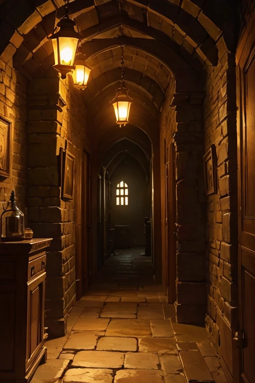 old secret passage in the castle, lit by an oil lamp, dimly lit