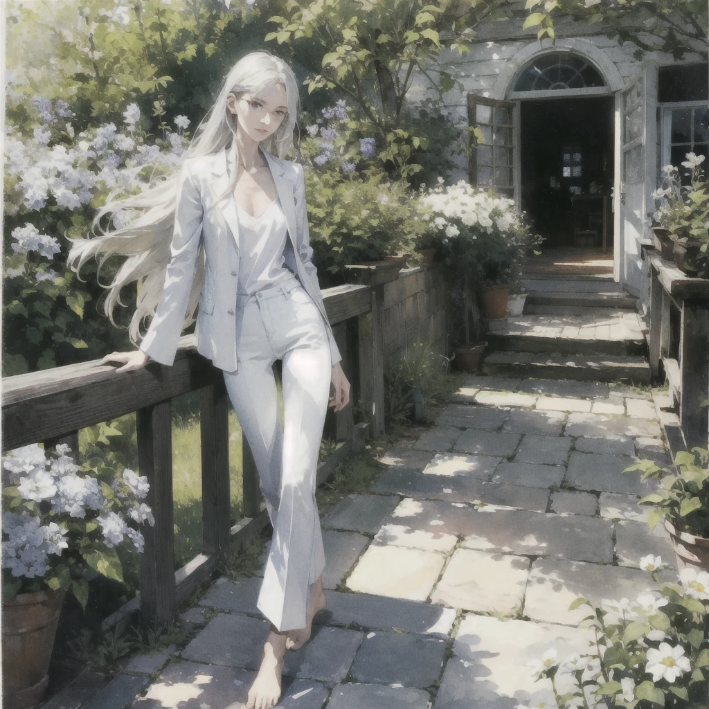 Exquisite slender gentle girl of 20 years old with a perfect, very beautiful gentle face with long straight blond silver hair with violet eyes in the rays of the rising sun, naked with tender breasts, barefoot (in white trousers and a white jacket) (in round glasses) drinking on the veranda in the garden (Coffee) and looks at the flowers, in watercolor style, discreet light shades, Flares, imitation of film photography, against the sun, a lot of sun glare, light fills the frame