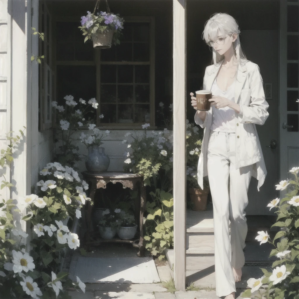Exquisite slender gentle girl of 20 years old with a perfect, very beautiful gentle face with long straight blond silver hair with violet eyes in the rays of the rising sun, naked with tender breasts, barefoot (in white trousers and a white jacket) (in round glasses) drinking on the veranda in the garden (Coffee) and looks at the flowers, in watercolor style, discreet light shades, Flares, imitation of film photography, against the sun, a lot of sun glare, light fills the frame