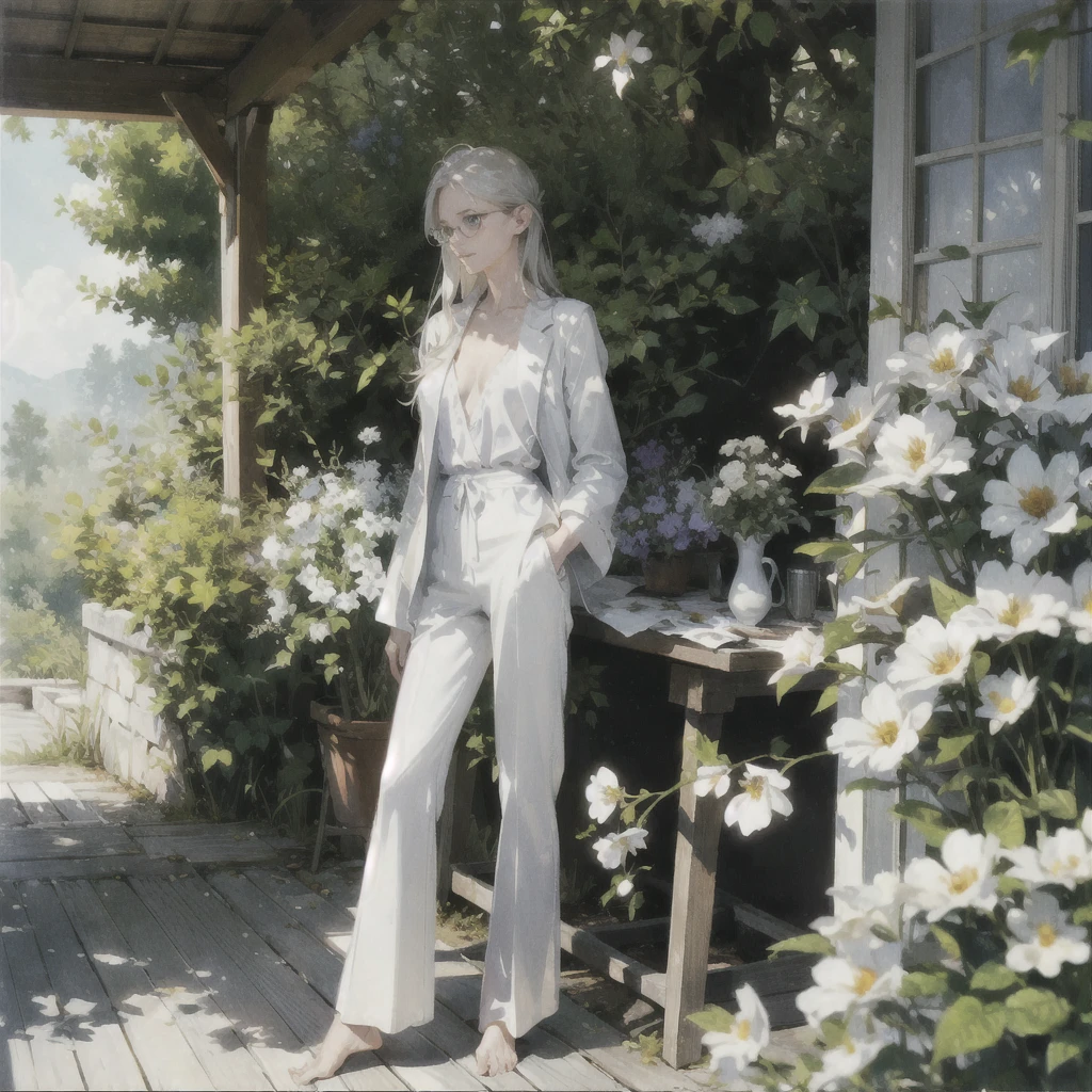 Exquisite slender gentle girl of 20 years old with a perfect, very beautiful gentle face with long straight blond silver hair with violet eyes in the rays of the rising sun, naked with tender breasts, barefoot (in white trousers and a white jacket) (in round glasses) drinking on the veranda in the garden (Coffee) and looks at the flowers, in watercolor style, discreet light shades, Flares, imitation of film photography, against the sun, a lot of sun glare, light fills the frame