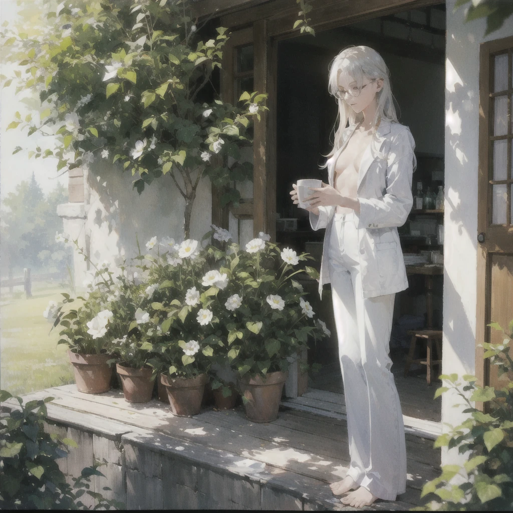 Exquisite slender gentle girl of 20 years old with a perfect, very beautiful gentle face with long straight blond silver hair with violet eyes in the rays of the rising sun, naked with tender breasts, barefoot (in white trousers and a white jacket) (in round glasses) drinking on the veranda in the garden (Coffee) and looks at the flowers, in watercolor style, discreet light shades, Flares, imitation of film photography, against the sun, a lot of sun glare, light fills the frame