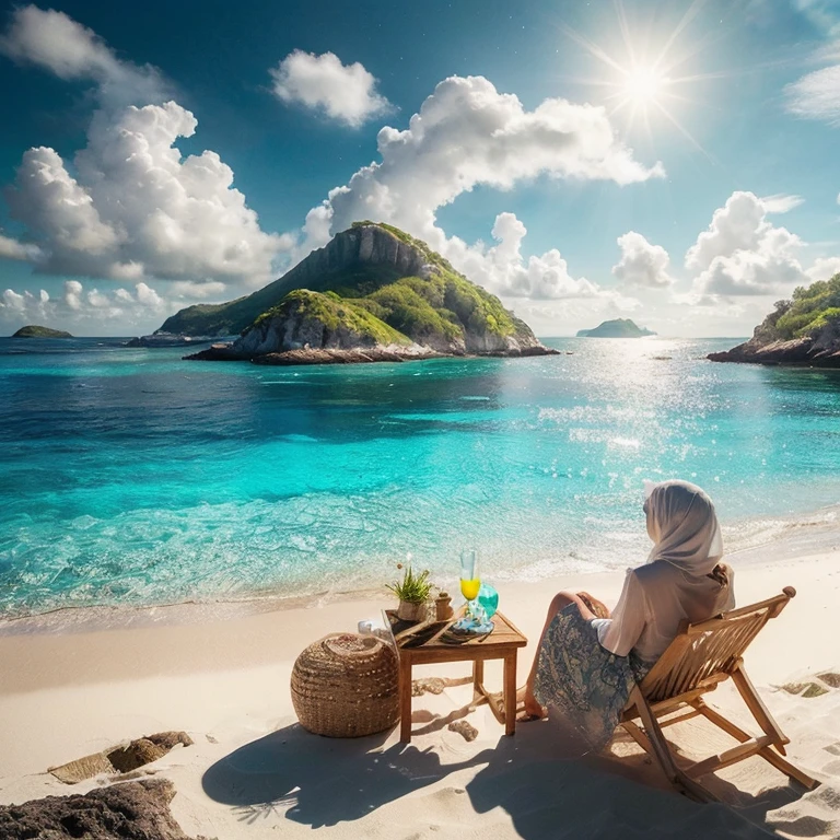 Landscape photo of a white sandy beach withclear and calm blue sea water, fine and cleansand with clear texture, blue-green sea withsparkling sunlight reflections, a green capeland and a charming small island in thedistance, and a bright sky with thin whiteclouds, with natural morning light ambiance.