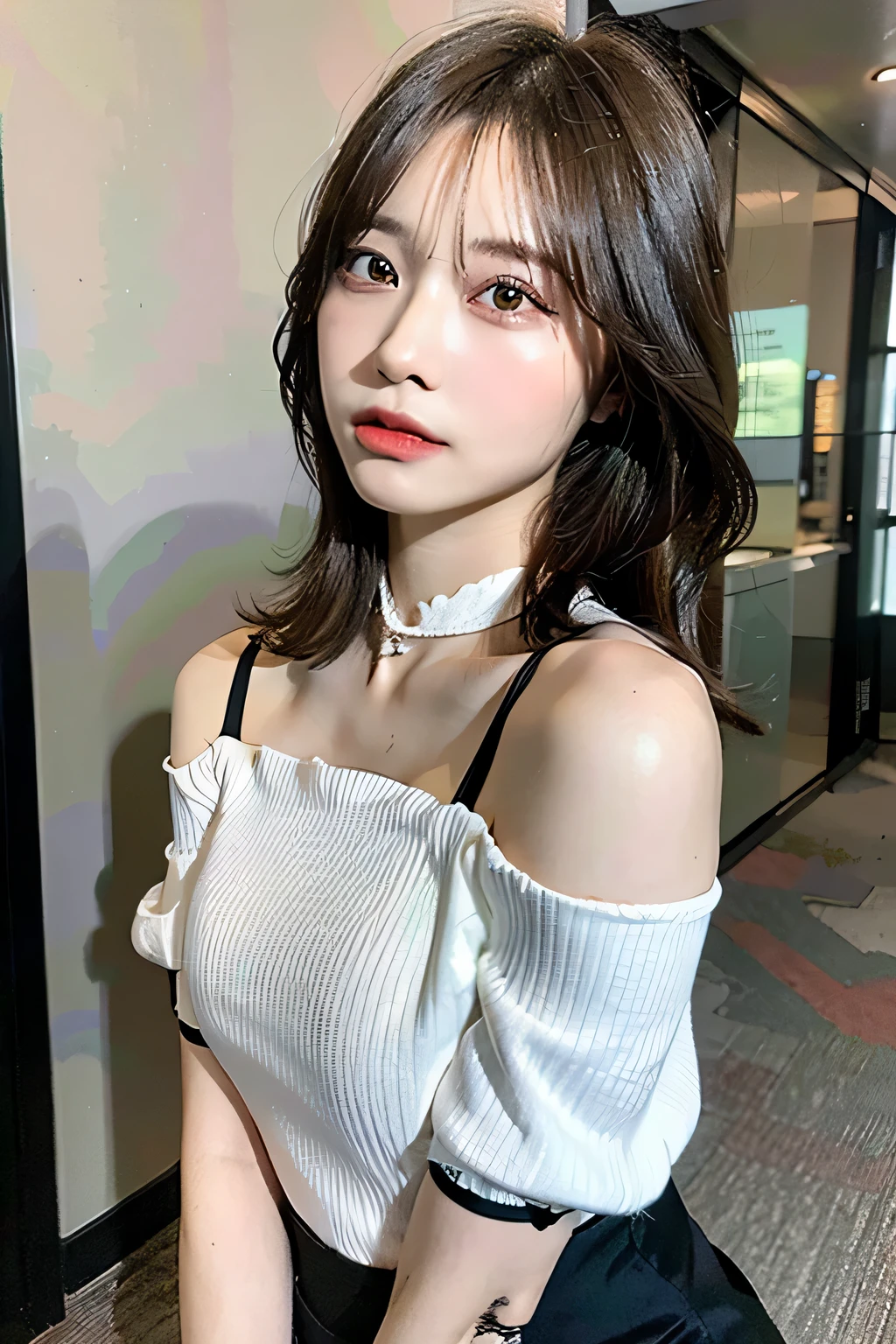 highest quality, Ultra-high resolution, (Realistic:1.4), One girl, off-the-shoulder white shirt, Black tight skirt, Black Choker, (Faded grey hair:1), (Huge breasts:1.2), View your viewers, close ,