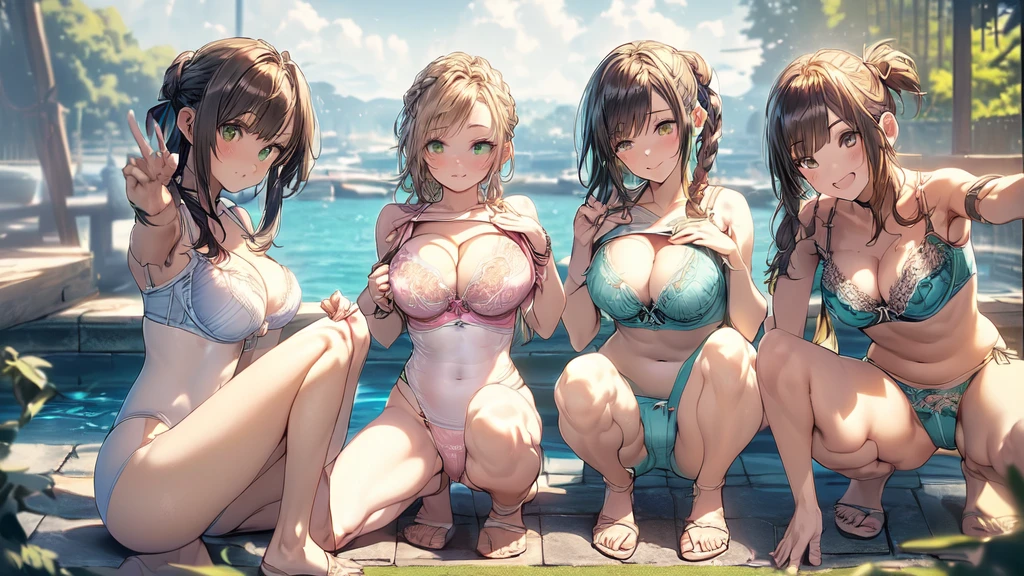 nswf:1.1,((masterpiece, highest quality, High resolution, 超High resolution, pixel perfect, Depth of written boundary, 4k, RTX, human development report))), 1 girl, single, alone, beauty、see the whole body、(masterpiece: 1.2, highest quality, masterpiece, Clearer images), (Bright colors), ((Take clear photos even from a distance)), (multiple girls), (Harem),(School classmates), (field),(()), (cute Japanese((6 girls), (((infant' face))), ((group shot)), ((group selfie)),wide angle, soft light, (slightly larger breasts), ((viewers love it)), Landscape、((breast grab:1.3)),(((bra lift:1.2)))、((green eyes, beautiful eyelashes, realistic eyes)), ((detailed face, blush:1.2)), ((smooth texture:0.75, lively质感:0.65, lively:1.1, Anime CG style)), medium breasts, perfect body, beautiful waist、beautiful legs、thin、smile, attractive way to sit, Aerith Gainsbourg, hair ribbon, bracelet, brown hair, side lock, parted bangs, green eyes, Braid, (((transparent swimwear))),(((transparent swimsuit))),(sit with legs spread), ((((squatting pose)))), (Her legs were spread), (I was made to sit on the floor with my legs apart..) ,Please sit facing me、 thin脚, ((((open legs:1.5)))、((breast grab:1.3)),(((bra lift:1.2)))、one eye closed、stick out one's crotch