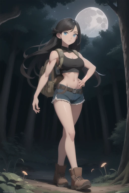 ultra high res, masterpiece, anime style, cell shading, highly detailed, fantasy inspired setting, 1girl, long black hair, blue eyes, expressive eyes, perfect face, medium breast, small waist, perfect figure, athletic physique, white crop top, showing cleavage, mid section exposed, wearing a hiking backpack, brown short-shorts, brown hiking boots, walking, looking at viewer, full body portrait, (Background: Outdoors, in the forest, night, moon light luminating on the forest floor, glowing mushrooms, fireflies)
