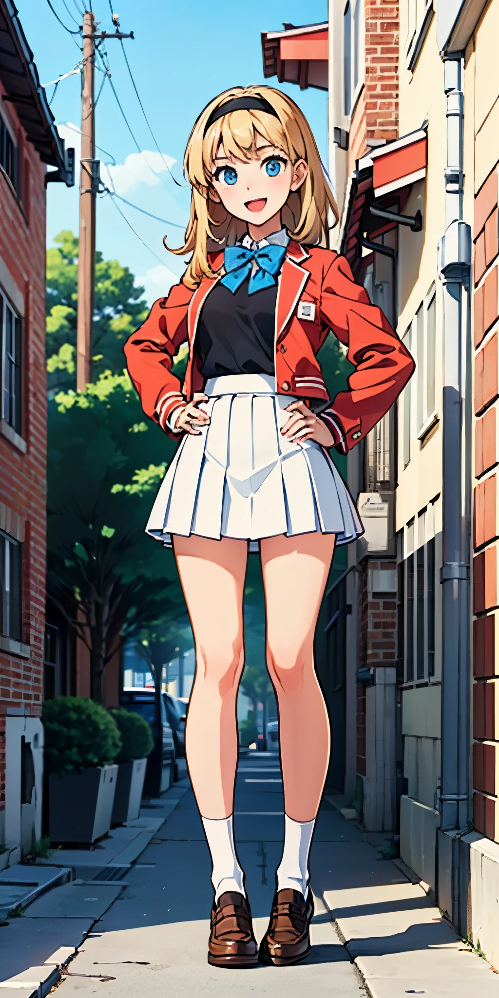 masterpiece, best quality, 1girl, high school girl, (bangs, blonde hair, armpit-length hair), ((black headband)), blue eyes, beautiful detailed eyes, beautiful detailed face, cute face, perfect hands, complete fingers, perfect anatomy, perfect proportions, (bow, bowtie. blue bowtie), full body, hand on hip, hands on hips, (red jacket), looking at viewer, (skirt, white skirt, pleated skirt, miniskirt) shirt, white shirt, socks, white socks, brown shoes, solo, standing, school building backdrop, daytime, smile, :d, solo focus, cowboy shot
