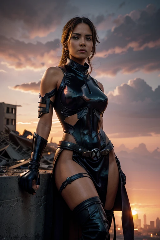 halle berry、Lying down、torn suit、I'm wearing a skirt、masterpiece, 1 girl, マーベルのサイロックとしてbeautiful女性, X-Men Psylocke Cosplay、purple suit、Fine and delicate features, Futuristic New York Background, Science fiction, blonde, super heroine, heroic, perfect balance, photograph, 超realistic, masterpiece, 8k, large format camera, 110mm lens, dynamic lighting, rim lighting、official art, extremely detailed CG 8K wallpaper, perfect lighting, De color, bright_amount_method_light, piel bright, (masterpiece:1.0), (Better_quality:1.0), ultra high resolution, 4k , Super detailed, director of photography, 8K, HDR, Altas Resolightones, (confused:1.2), kodak portrait 400, film grain, blurred background, (Bokeh:1.2), Lens flare, (lively_color:1.2), プロのphotograph撮影, (beautiful_method:1.5),More detailed 8K.unreal engine:1.4,Hmm,La Better calidad:1.4, realistic:1.4, Skin temperature:1.4, masterpiece:1.8,masterpiece, Better calidad,object object], (detailed facial features:1.3),(Anti-sedentary apocalyptic destroyed city:1.4), (Apocalyptic Sunset:1.4)