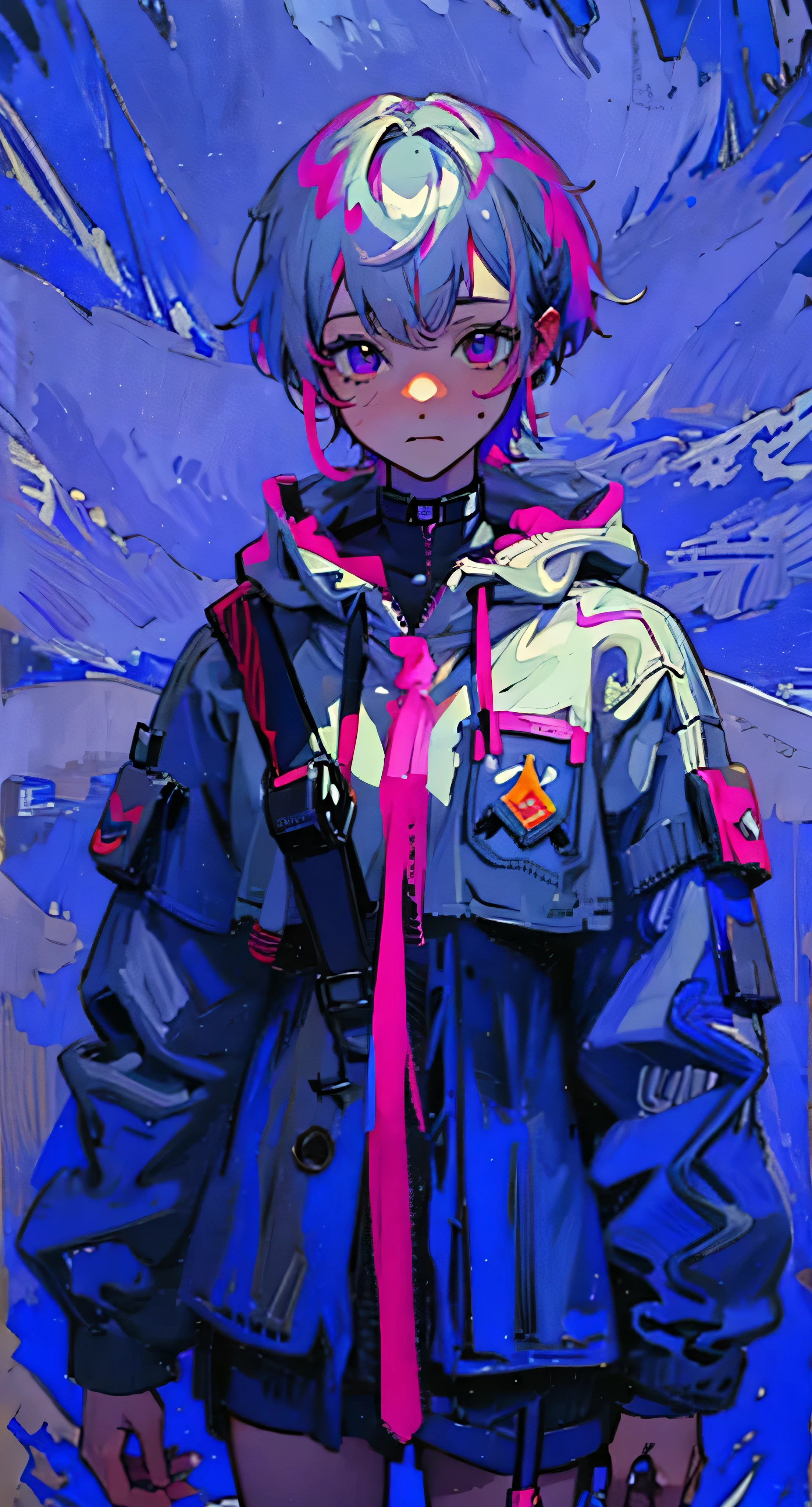 (best quality,4k,8k,highres,masterpiece:1.2), ultra-detailed, (realistic,photorealistic,photo-realistic:1.37), portrait, man, sad expression, purple glowing radiant eyes, white hair, cyberpunk hoodie and pants, neon colors, dramatic lighting, smoke, futuristic cityscape