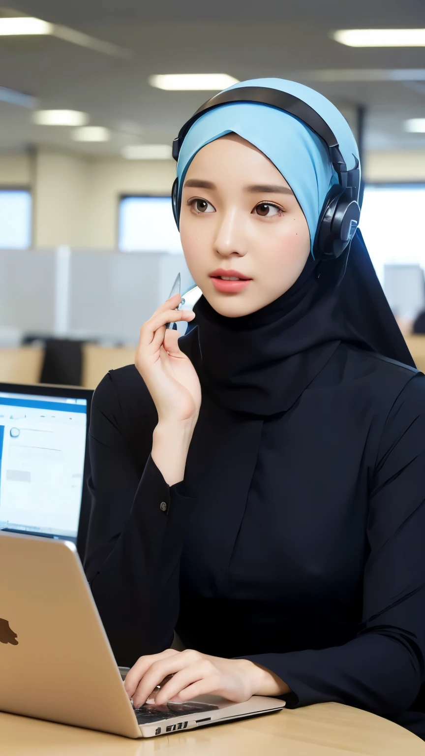 (realisitic、hight resolution:1.3)、1 girl with a perfect figure、Super thin face and eyes、Woman wearing hijab and headset talking: 1 in random color.2、Office professional uniform ,in a office、laptop on table