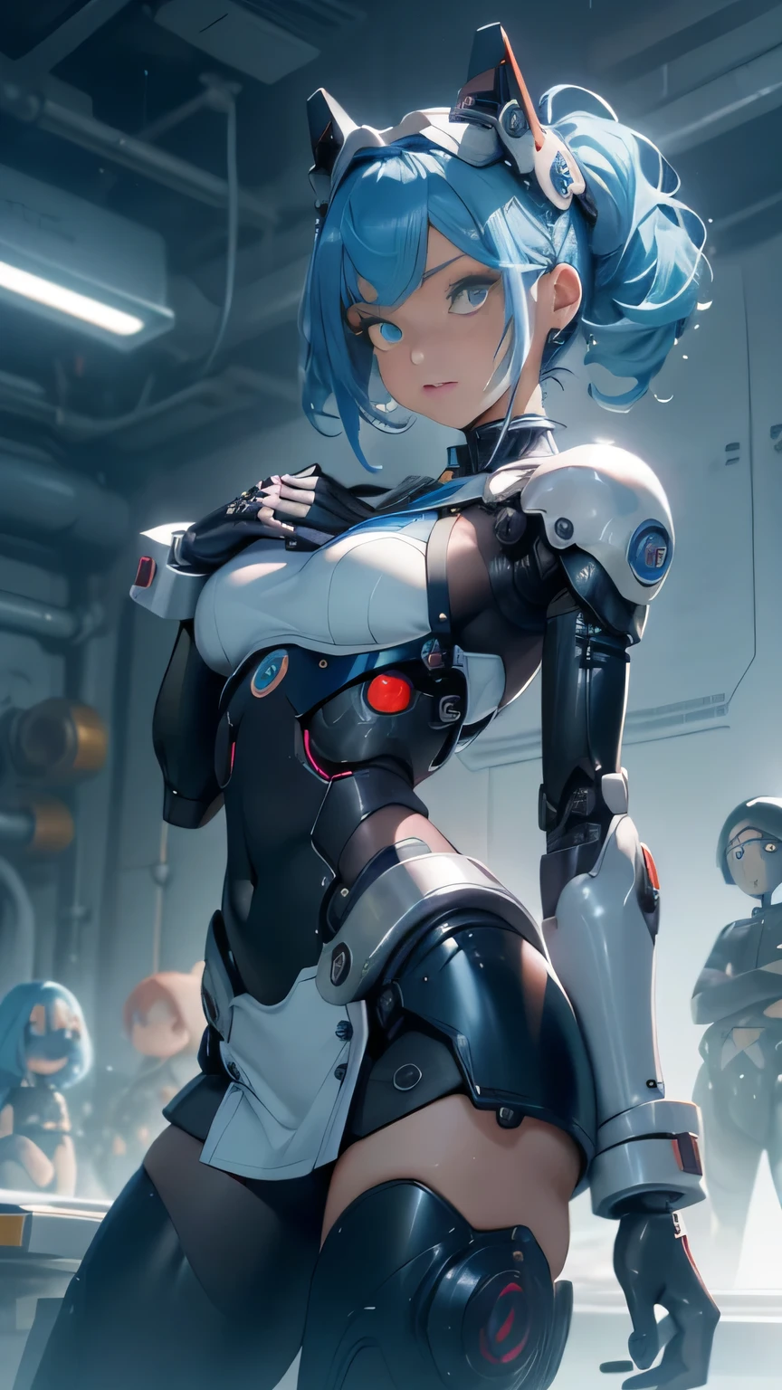 (quality)), ((masterpiece)), Recommended Results、puffy nipples、(look through:1.5)、Straighten your back、press、Huge bust、angle to the floor:1.2、Low photographic angle、Hair loss in the perineum,Hatsune Miku,(cyborg girl),(cyborg girl:1.5),Maid android,((1 girl)),((mechanical girl with extremely charming and beautiful blue hair)),Big breasts:1.4),sagging chest,(((бледные соски blue bob hair:1.35,dyed inner hair,short hair,breathing through the ears))),(((toy doll))),(( white skin,toy doll joints:1.5,Manipulator:1.5)),((silver armor dress,Tesla Coil)),((Maid mechanical toy doll:1.5,body:1.5,Metal leather,ball joint,cyborg:1.5, Component:1.5,:1.5,Mechanical connection: 1.4,mechanical limbs)),(((blue_eye:1.3))),Complex Eye,beautiful detailed eye,symmetrical eye,((thick)),(((The skin is shiny:1.5,bright skin: 1.5,The skin is shiny,very The skin is shiny,shining body,plastic shiny leather,exaggerated The skin is shiny,glowing skin,wet feet))),(A series of lives,Yao Liu,wide hips,detailed body,(Detailed Face)),charming,debauchery,Tempting,,((national fund)),Maid headdress),only_shoulder,Openwork metal decor,It has,(Maid),Without sleeves,mini skirt,Boots,_Face,Perfect facial details,realistic face,realistic,analog style,((complex parts)),(((realism))),