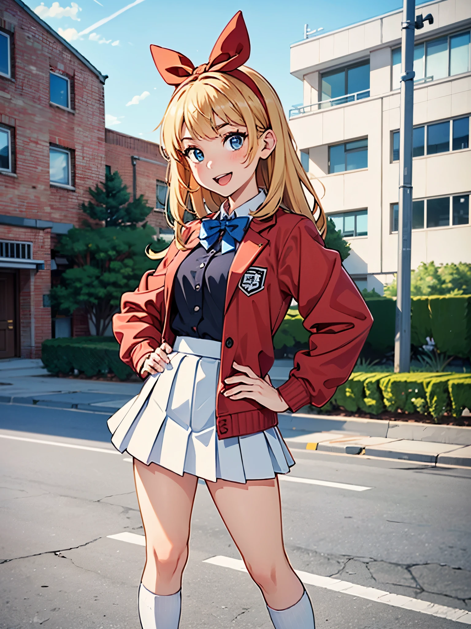 masterpiece, best quality, 1girl, high school girl, (bangs, blonde hair, armpit-length hair), ((black headband)), blue eyes, beautiful detailed eyes, beautiful detailed face, cute face, perfect hands, complete fingers, perfect anatomy, perfect proportions, (bow, bowtie. blue bowtie), full body, hand on hip, hands on hips, (red jacket), looking at viewer, (skirt, white skirt, pleated  skirt, miniskirt) shirt, white shirt, socks, white socks, brown shoes, solo, standing, school building backdrop, daytime,  smile, :d, solo focus, cowboy shot