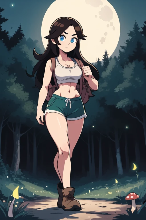 ultra high res, masterpiece, anime style, cell shading, highly detailed, fantasy inspired setting, 1girl, long black hair, blue eyes, expressive eyes, perfect face, medium breast, small waist, perfect figure, athletic physique, white crop top, showing cleavage, mid section exposed, wearing a hiking backpack, brown short-shorts, brown hiking boots, walking, looking at viewer, full body portrait, (Background: Outdoors, in the forest, night, moon light luminating on the forest floor, glowing mushrooms, fireflies)
