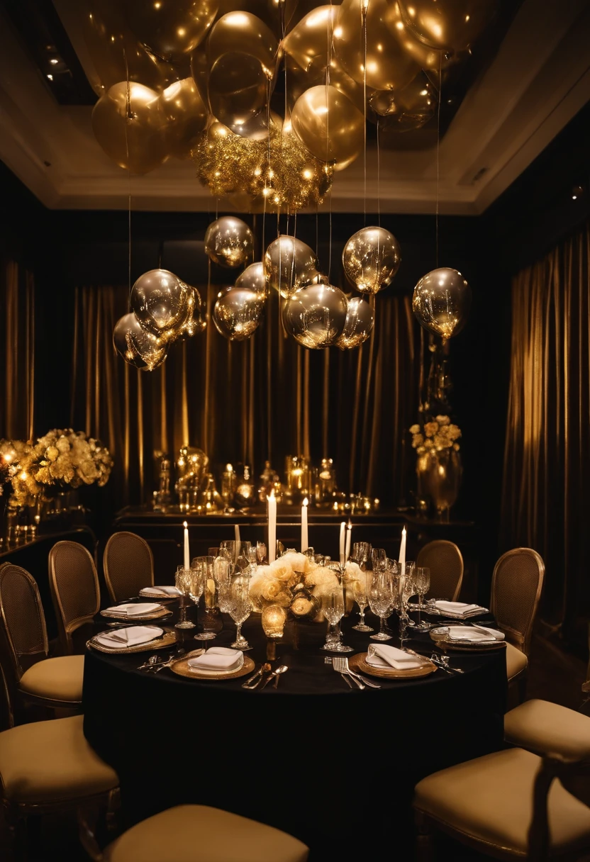 Create a party room where an adult birthday is being celebrated, with silver, gold and black lights and balloons, a bottle of champagne on the table, and a bottle of wine.