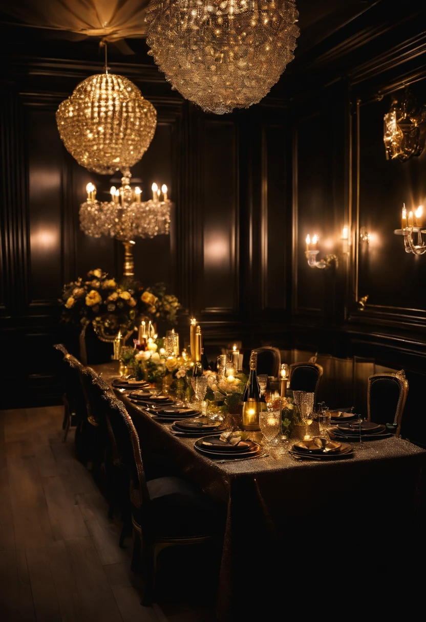 Create a party room where an adult birthday is being celebrated, with silver, gold and black lights and balloons, a bottle of champagne on the table, and a bottle of wine.