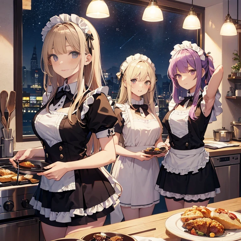 a maid cafe with four maids, two brunettes, one blonde and one redhead, highly detailed, beautiful maid outfits, detailed facial features, elegant poses, intricate background, warm lighting, vibrant colors, photorealistic, masterpiece, 8k