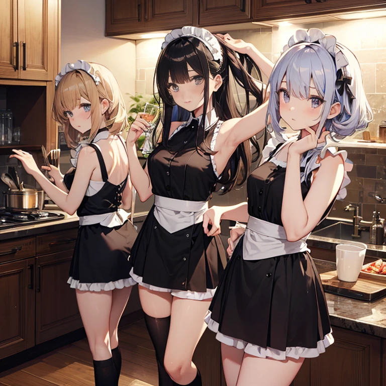 A group of maids, (in kitchen), various hair styles, harem, wearing maid uniform, night, details face, , short skirt, seducing, sleeveless , night, starry night, armpits