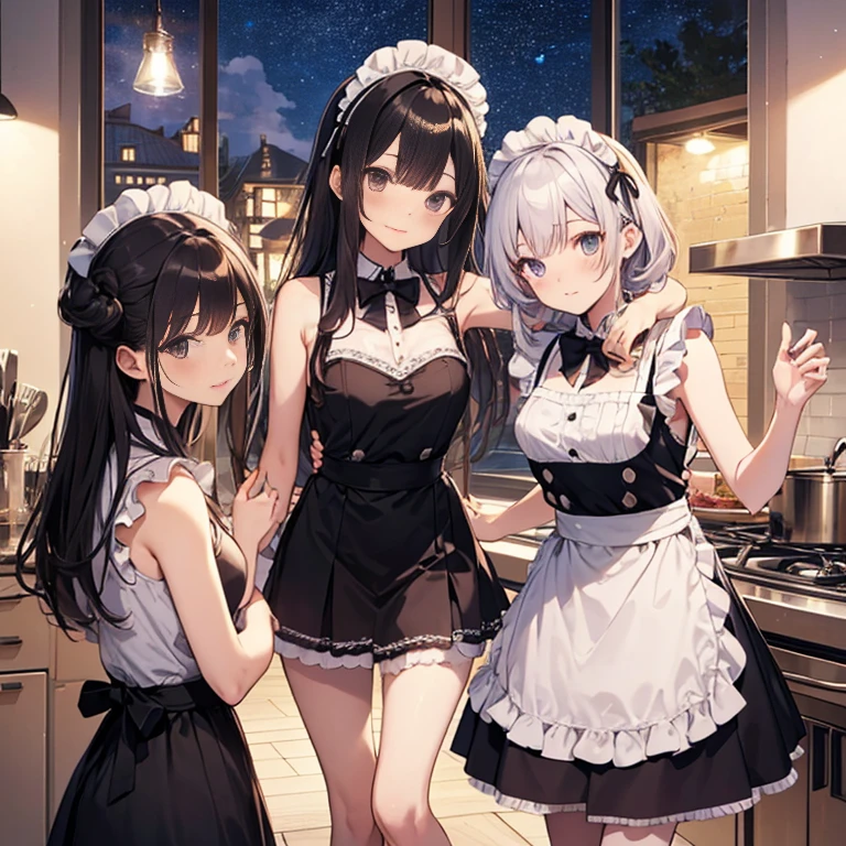 A group of maids, (in kitchen), various hair styles, harem, wearing maid uniform, night, details face, , short skirt, seducing, sleeveless , night, starry night, armpits