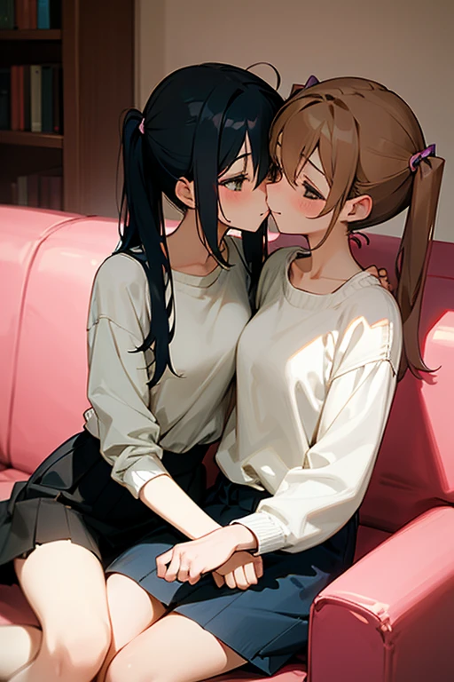 (ultra detailed),(best quality, high resolution),public bus,lesbian couple,flat chest virgin teen gets her mouth covered and fingered by another woman,(hand in panty),(fingering),(embarrassed look),(blushing)